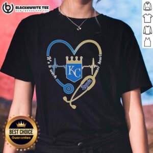 Alt Text: Kansas City Royals stethoscope heartbeat design on a ladies tee, perfect for fans and healthcare professionals.
