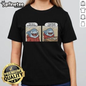 Funny ladies tee featuring a 'Good Shark Seafood Diet' design, perfect for ocean lovers and seafood enthusiasts.