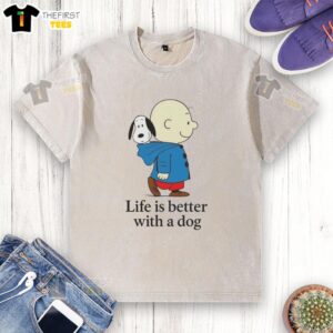Original Snoopy and Charlie Brown 'Life Is Better With A Dog' washed t-shirt featuring classic Peanuts characters.