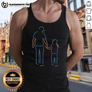 Father and daughter wearing neon style tank tops while walking together, showcasing a fun and stylish bonding moment.