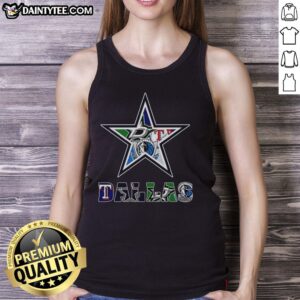Collage of Dallas Cowboys NFL logo and other Dallas sports teams on a stylish tank top design.