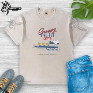 Official Snoopy and Woodstock's Yacht Club annual ocean regatta funny washed t-shirt featuring cartoon characters sailing.