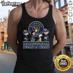 Alt Text: Snoopy, Charlie Brown, Linus, and Lucy in Milwaukee Brewers baseball jerseys and tank tops, celebrating team spirit.