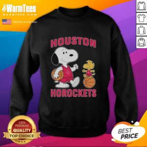 Cute Snoopy and Woodstock on a Houston Rockets basketball sweatshirt, perfect for fans and cozy wear.