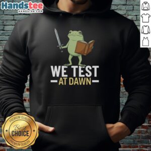 Nice We Test At Dawn Hoodie displayed on a hanger in a cozy, sunlit room, perfect for casual wear and stylish comfort.