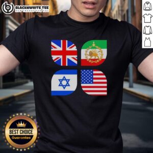 Awesome Union Jack, Iran, Israel, and USA flag T-Shirt design showcasing a vibrant blend of national symbols.