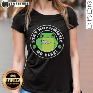 Funny ladies tee featuring a good frog holding a knife with Stay Hoptimisti or Else text for a playful vibe.