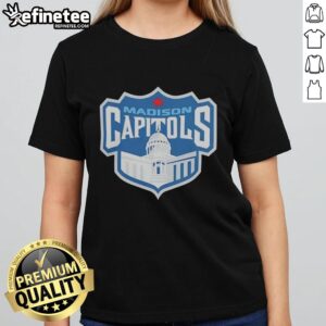 Vintage Madison Capitols hockey logo on a ladies tee, featuring classic design and sporty style for fans.