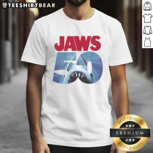 Alt Text: Original 50th Anniversary Jaws T-Shirt featuring iconic shark design, perfect for fans of the classic thriller film.
