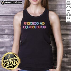 Colorful tank top with 'I Think I'm Becoming Bi' lettering, representing a good queer awakening personal journey.