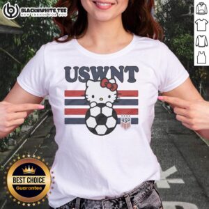 Top Hello Kitty hugging a soccer ball on a USWNT USA Soccer Team ladies tee, perfect for fans and collectors.