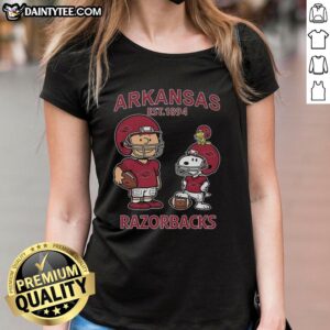 Good Charlie Brown and Snoopy NCAA Football Arkansas Razorbacks tee for ladies, established 1894, showcasing team spirit.