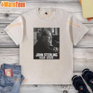 Top John Sterling Rest In Peace 19382026 washed t-shirt featuring a vintage design and tribute to the iconic broadcaster.