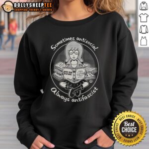 Official Daria Morgendorffer sweatshirt featuring 'Sometimes Antisocial, Always Antifascist' slogan in vibrant design.
