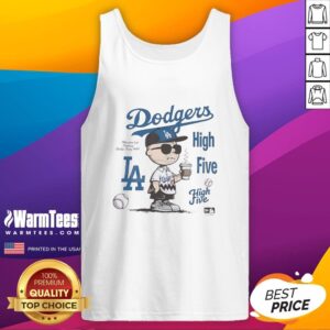 Alt Text: Charlie Brown holding coffee in a Los Angeles Dodgers tank top, enjoying a chill moment and giving a high five.