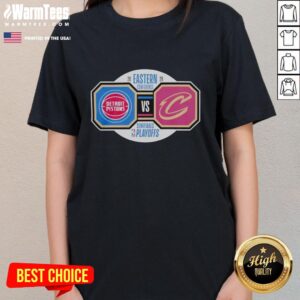 2026 NBA Playoffs: Detroit Pistons vs. Cleveland Cavaliers Eastern Conference Semifinals ladies tee featuring team logos.