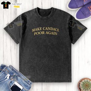 Top Make Candace Poor Again washed t-shirt displayed on a hanger, showcasing its vintage style and soft fabric.