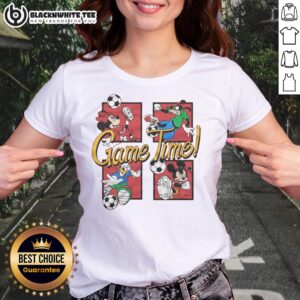 Alt Text: Nice Mickey and Friends Game Time Ladies Tee featuring vibrant graphics of beloved Disney characters.