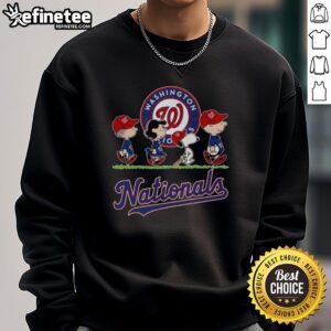Snoopy, Charlie Brown, Linus, and Lucy in Washington Nationals baseball jerseys and sweatshirts, celebrating together.