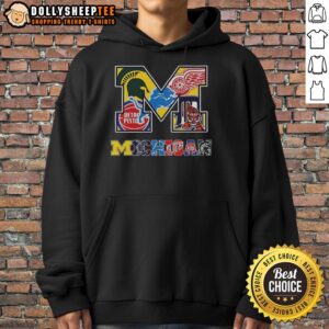 Collage of Michigan Wolverines NCAA logos on a stylish hoodie, perfect for fans of Michigan sports teams.