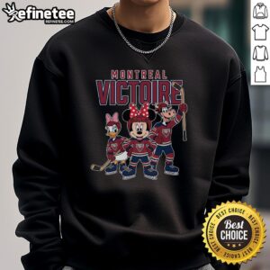 Good Montreal Victoire Mickey Mouse cartoon team ice hockey sweatshirt featuring colorful graphics and a cozy design.