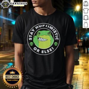 Good frog holding a knife on a 'Stay Hoptimisti Or Else' funny t-shirt, perfect for humor and frog lovers.