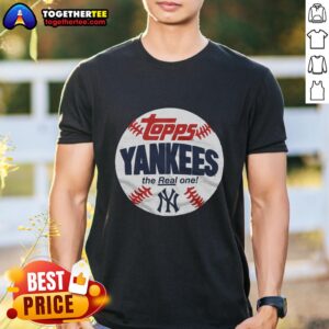 Alt Text: Awesome New York Yankees MLB x Topps Baseball The Real One T-shirt featuring bold graphics and team logo.