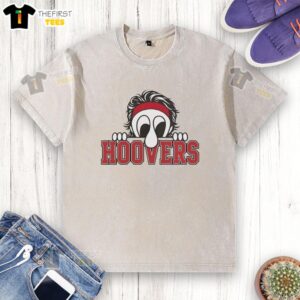 Premium Hoovers Peeking Character in red headband on a washed t-shirt, showcasing vibrant design and quality fabric.