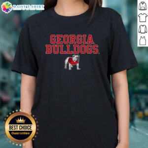 Alt Text: Awesome Georgia Bulldogs NCAA text logo stack with mascot on a ladies tee, perfect for fans and casual wear.