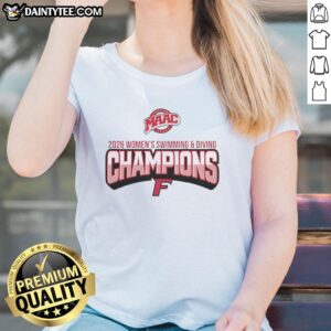 Alt Text: Fairfield University MAAC Women's Swimming and Diving Champions 2026 logo on a women's tee shirt.