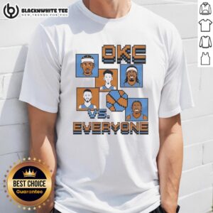 Alt Text: Pretty Oklahoma City Thunder 'OKC Vs Everyone' 8-bit T-shirt design featuring vibrant colors and retro graphics.
