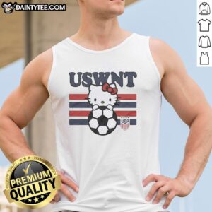 Alt Text: Cute Good Hello Kitty hugging a soccer ball on a USA Soccer Team tank top for fans and enthusiasts.