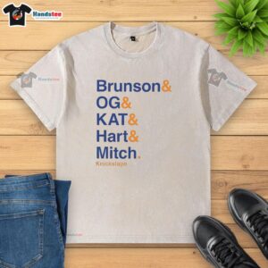 Pretty New York Knicks NBA washed t-shirt featuring player names Brunson, OG, Kat, Hart, and Mitch in vibrant design.