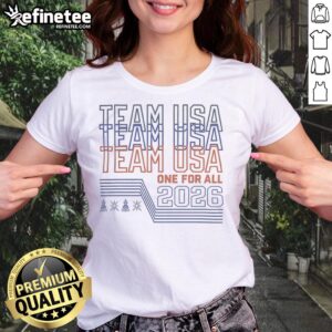 Alt Text: Premium Team USA One For All 2026 Sports Tournament Graphic Ladies Tee featuring vibrant design and comfortable fit.