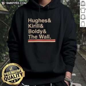 Official Minnesota Hockey Hughes Kirill Boldy The Wall Hoodie featuring team colors and logo, perfect for fans.