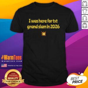 Alt Text: 2026 Txt Grand Slam T-Shirt featuring 'Good I Was Here' design, perfect for fans and collectors of the event.