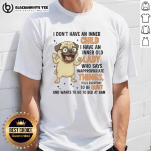 Top Pug with glasses on a humorous T-shirt, featuring an inner old lady saying inappropriate things.