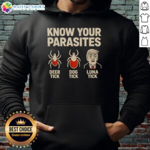 Original Know Your Parasites hoodie featuring deer tick, dog tick, and Luna tick designs in a retro style.