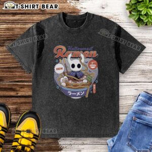 Vintage washed t-shirt featuring 'Nice Hallownest Ramen' design, perfect for casual wear and gaming enthusiasts.