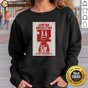 Official Sun Ra Arkestra concert poster on a sweatshirt, Birmingham, May 22, 2026, featuring vibrant colors and artistic design.