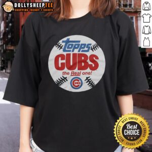 Alt Text: Premium Chicago Cubs MLB x Topps baseball ladies tee featuring stylish design and vibrant team colors.