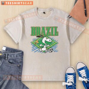 Nice Peanuts Snoopy X Brazil Soccer washed t-shirt featuring Snoopy in a soccer jersey, perfect for fans and collectors.