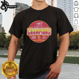 Alt Text: USC Trojans 2026 Big Ten Women's Golf Tournament Champions T-Shirt in locker room, celebrating victory and team spirit.