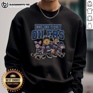 Alt Text: Cozy Edmonton Oilers Winnie the Pooh ice hockey sweatshirt featuring vibrant colors and playful design.
