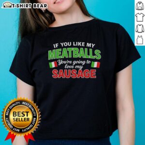 Awesome ladies tee featuring Italy flag pattern with a fun meatballs and sausage graphic, perfect for Italian food lovers.