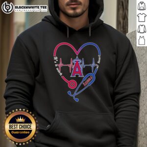 Los Angeles Angels hoodie featuring stethoscope and heartbeat design, perfect for fans and healthcare enthusiasts.