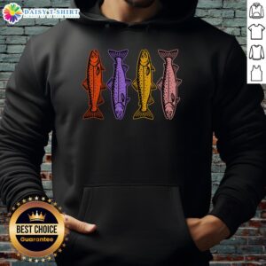 Colorful retro 80s hoodie featuring a vibrant rainbow trout fish design, perfect for fishing and vintage style enthusiasts.