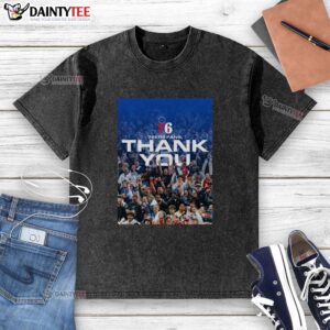 Alt Text: Awesome Philadelphia 76ers fans wearing a thank you poster washed t-shirt, cheering at a game.