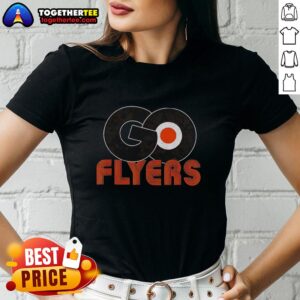 Ladies tee featuring the Philadelphia Flyers ice hockey logo with 'Let's Go Flyers' slogan for fans.