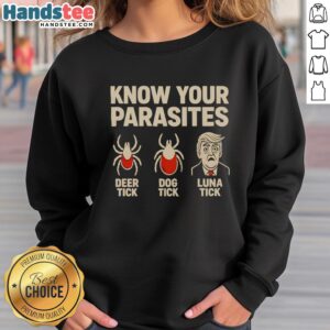 Alt Text: Official Know Your Parasites sweatshirt featuring illustrations of deer tick, dog tick, and Luna tick for tick awareness.